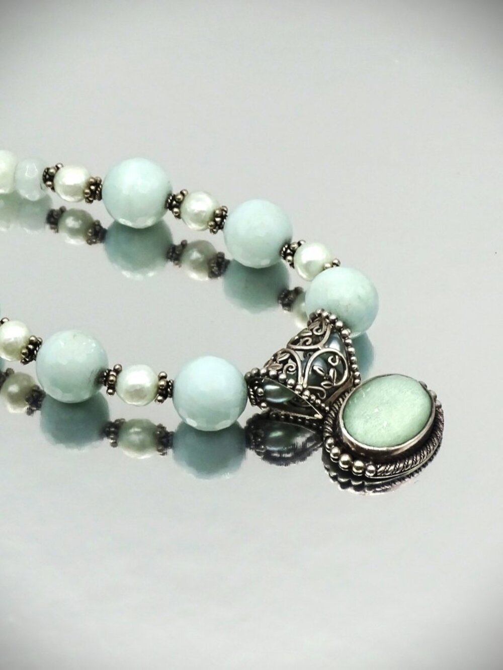 LORI BONN Sterling Silver Amazonite Doublet Pendant FW Pearl Beads Necklace